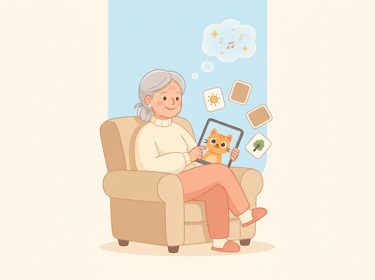 Personne âgée souriante utilisant Cortexia